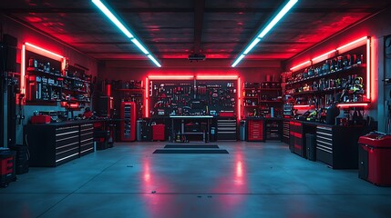 Custom garage interior red lighting high resolution photo
