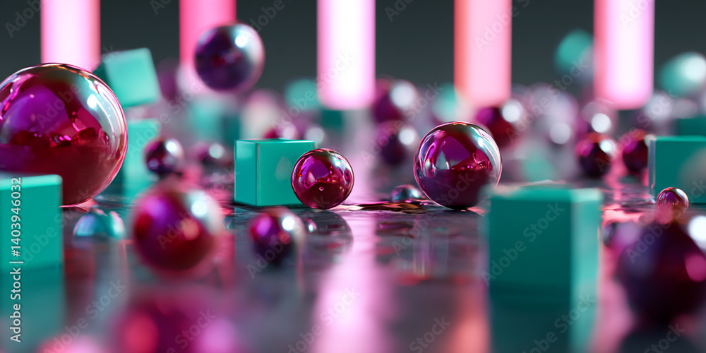 Poster abstract image of glossy spheres and cubes in teal and magenta, reflecting light, showcasing a moder