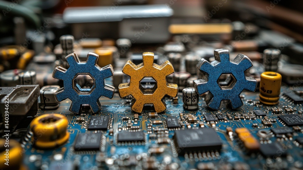 Poster three gears on circuit board: a macro shot of technology's intricate mechanisms