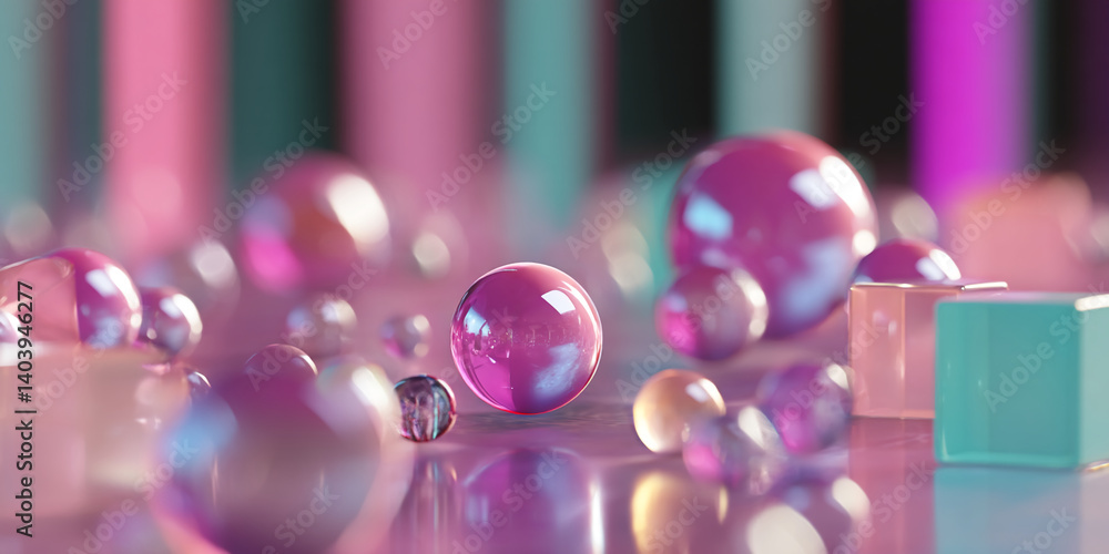 Poster pink and purple glass spheres and cubes on reflective surface, creating an abstract, dreamy scene su