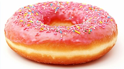 Pink glazed donut with sprinkles.  A round, sugary treat, glistening with pink icing and colorful sprinkles.  The donut's dough is a light, golden color