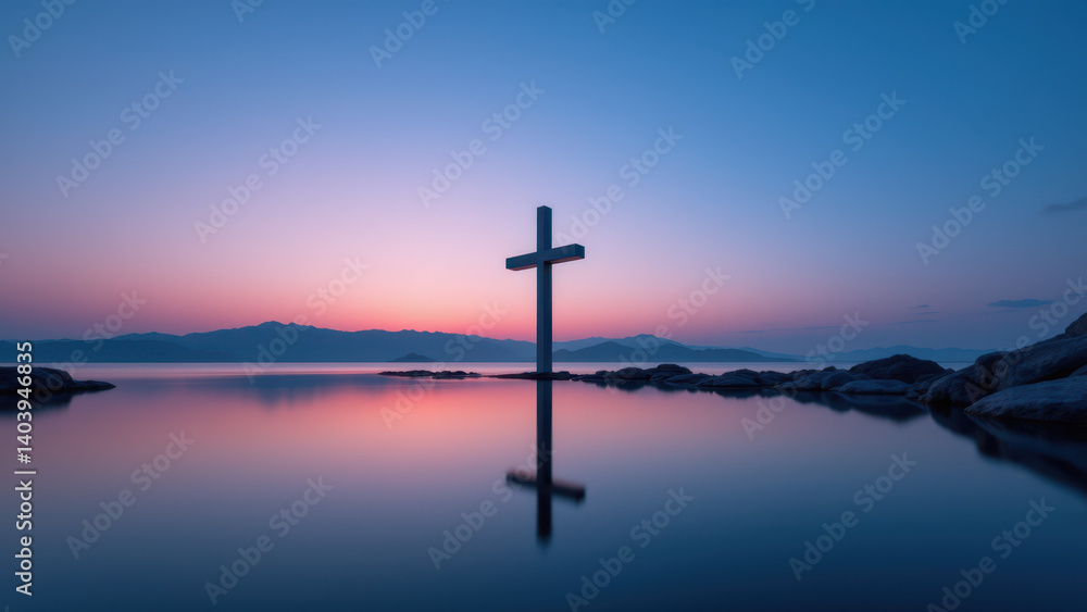 Poster sunsetting over tranquil water with a cross on a stone pillar.