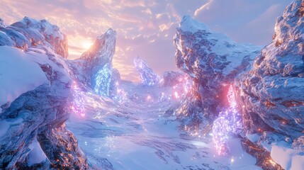 Magical glowing crystals in a snowy mountain valley at sunset.