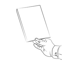 hand  holds book, line art