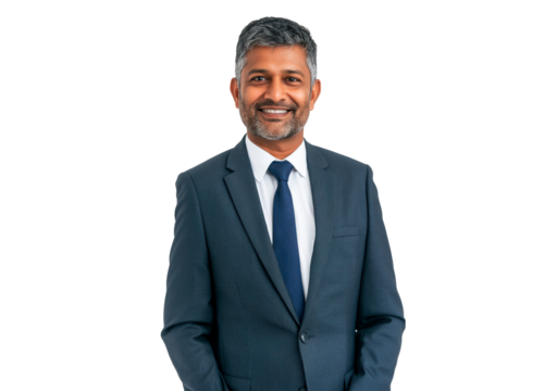 Portrait Indian middle age man in suit isolated on transparent background - Powered by Adobe