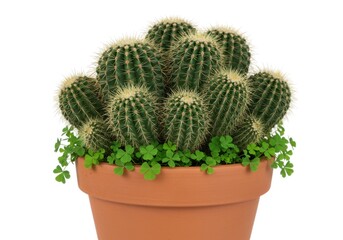 Fototapeta premium Cactus plant in a terracotta pot with green clovers around