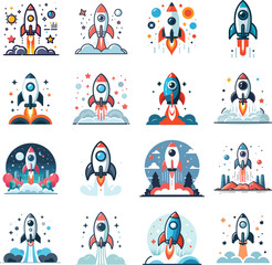 Rocket Flat  vector illustration. Rocket Icon Set. Rocket Flat Editable vector eps set. Rocket to be used in design.