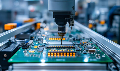 Component Installation and Quality Control of Circuit Board. Fully Automated PCB Assembly Line Equipped with High Precision Robot Arms at Electronics Factory. Electronic Devices Manufacturing, Generat
