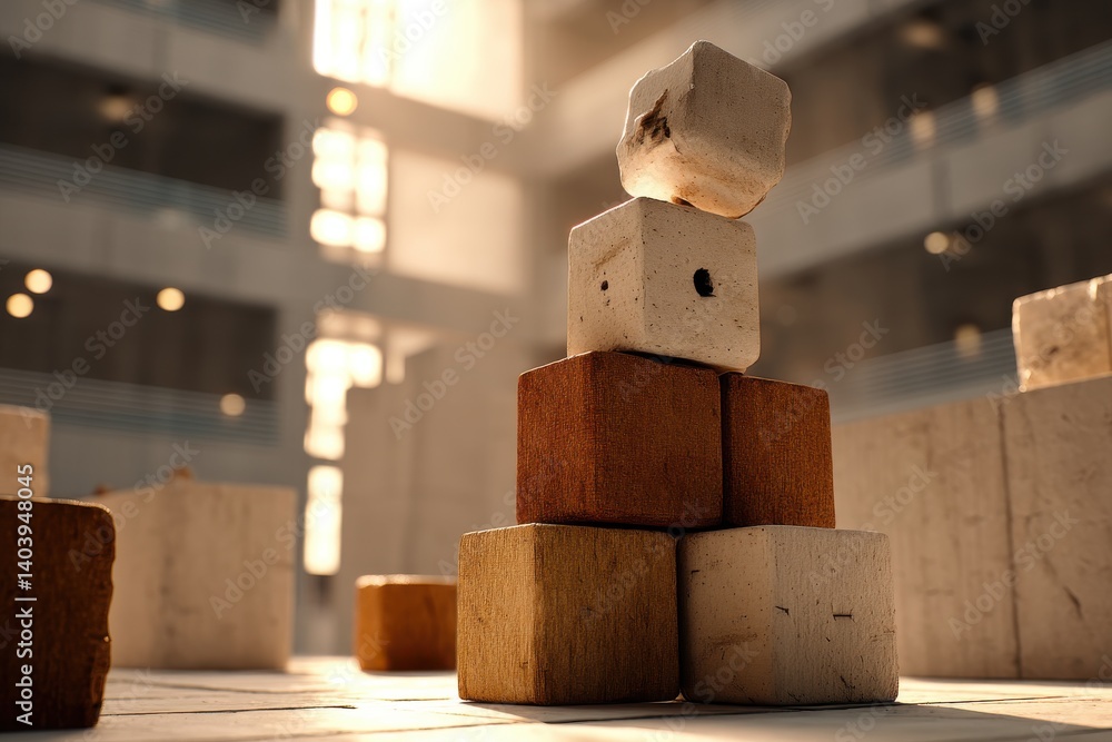 Poster a playful architectural composition of stacked wooden and stone blocks, creating a textured tower ag