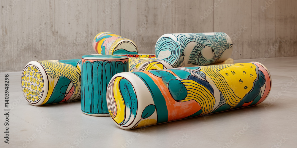 Poster Abstract painted cylinders showcase artistic design, creating a modern and vibrant display, ideal for showcasing unique style or representing creativity