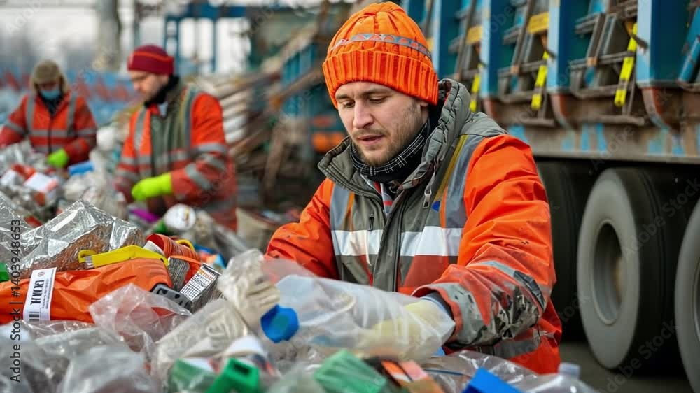 Aufkleber two workers dressed in bright safety gear meticulously sort through various recyclable materials at 