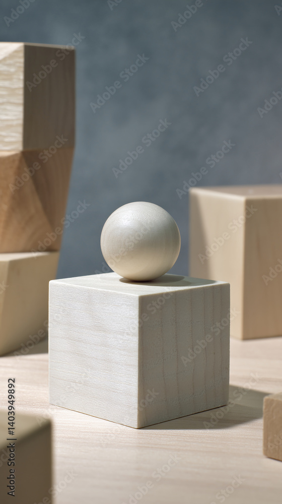 Poster off-white wooden sphere atop a cube, surrounded by other geometric wooden shapes, creating a minimal