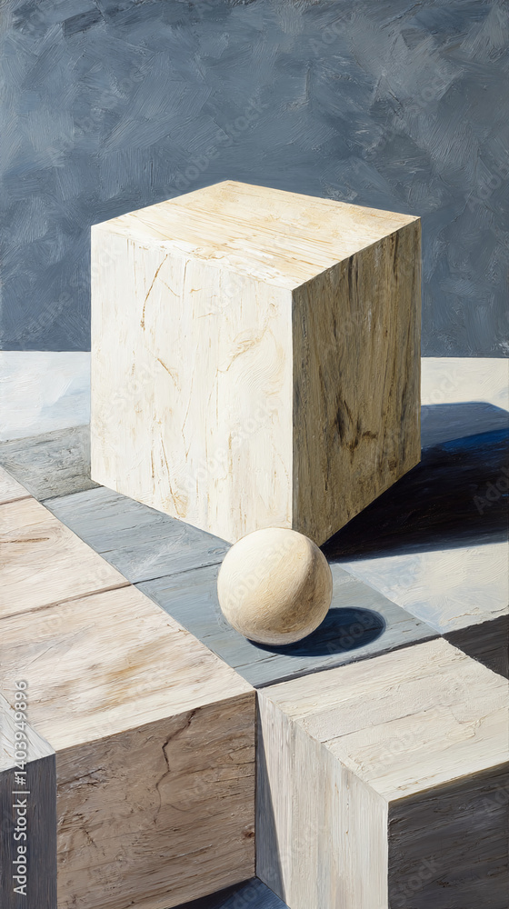Poster off-white cube and sphere rest on a wood platform against a textured gray backdrop, showcasing a min