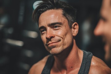 Obraz premium A close up portrait of an attractive muscular man after workout in the gym, looking aside with a smiling expression, wearing a grey tank top, confident and determined.