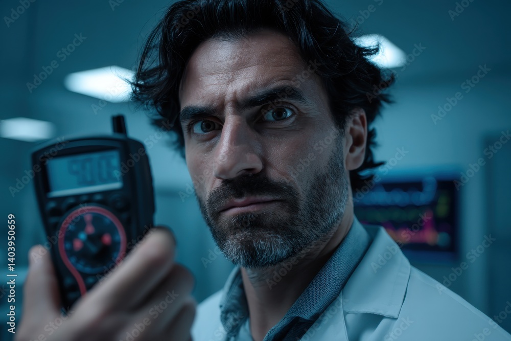 Aufkleber a serious scientist in a lab coat examines a device in a laboratory setting with a focused expressio