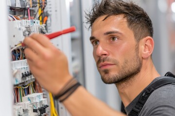 Focused electrician using a tester on a complex electrical panel, ensuring safety and efficiency in a modern industrial setting with intricate wiring.