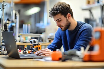 Focused student working on a laptop in a robotics lab.  A small orange robot is in front of the laptop