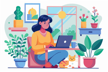 Fototapeta premium Flat vector illustration of a woman working from home with a cat on her lap, cozy interior, plants on windowsill, bright and soft colors, clean layout.