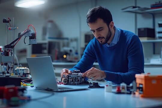 Engineer working on a robotic device in a lab - Powered by Adobe
