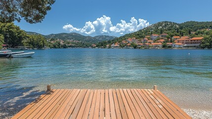 Fototapeta premium Tranquil Lakeside Village: Wooden Dock View
