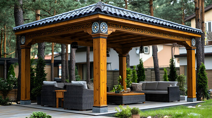 Fototapeta premium Wooden Gazebo with Seating Area