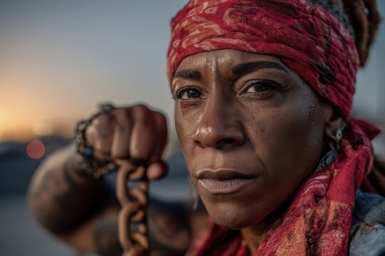 Close up portrait of a strong woman wearing a red headscarf looking determined, holding a chain, against a background of sunset and urban landscape, full of hope.