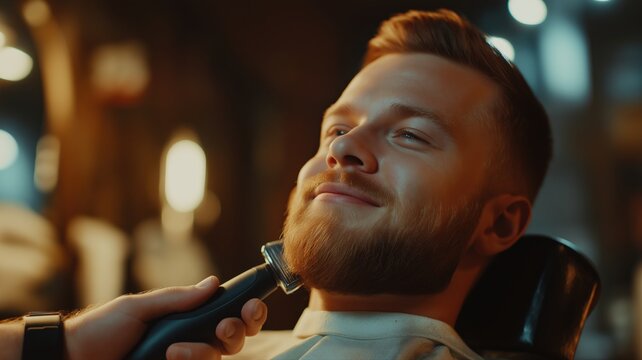 Grooming session at barbershop with a smiling man enjoying his beard trim