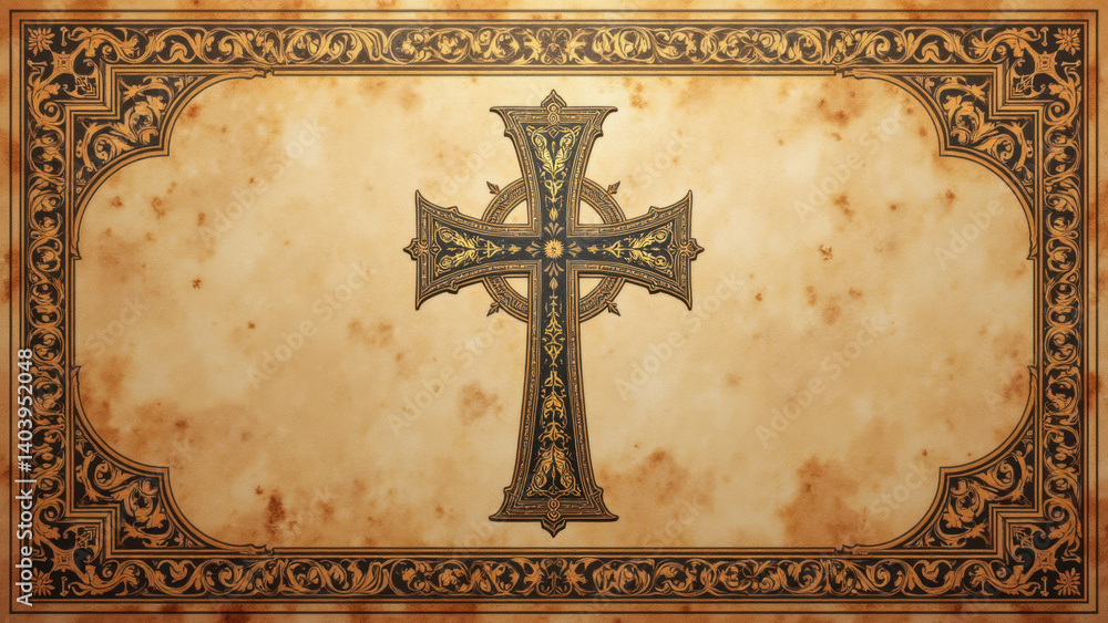 Poster a gilded christian cross on a beige background with intricate border patterns.