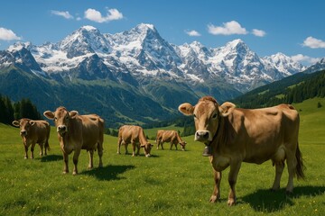 Cows Grazing in a Lush Green Meadow With Snow-Capped Mountains in the Background