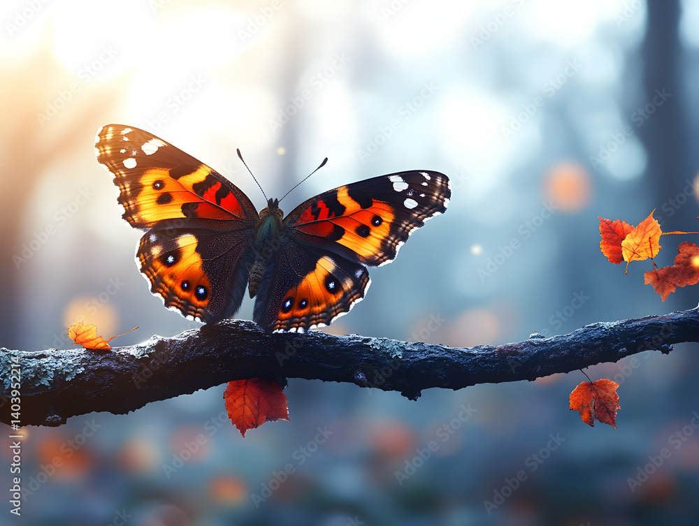 Poster vibrant butterfly perched on a branch with autumn leaves in a soft blurred forest setting