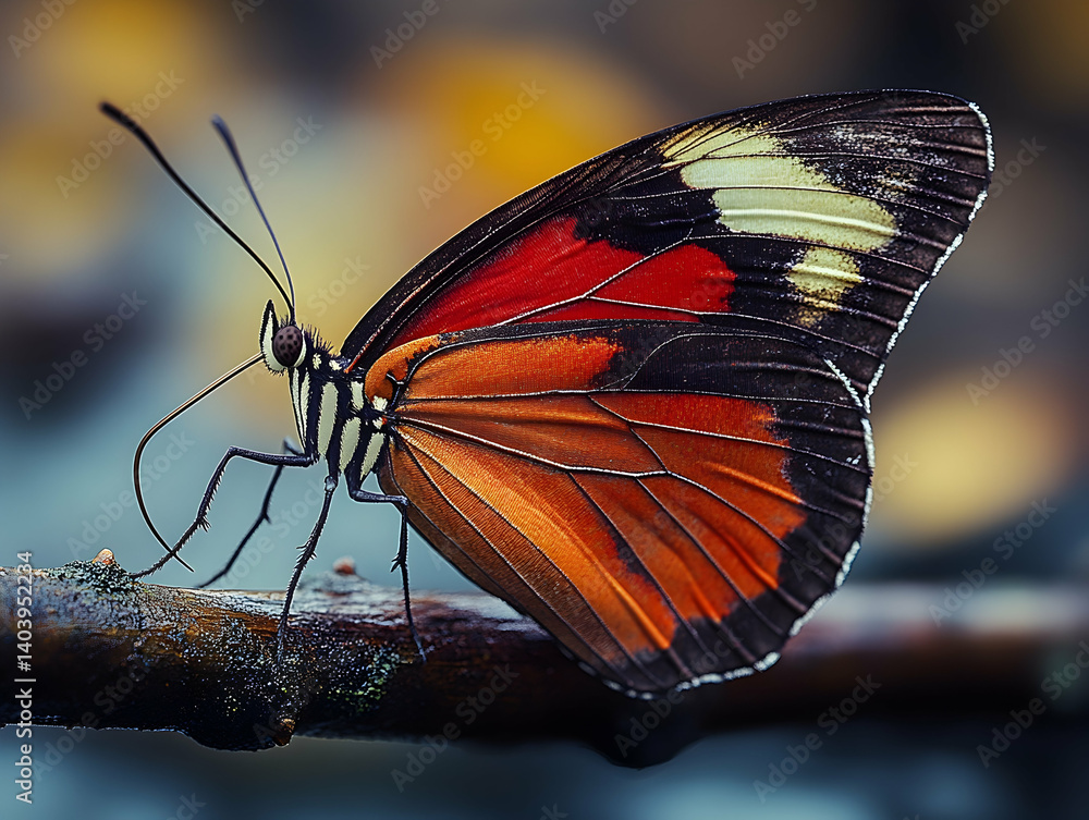 Poster vibrant butterfly perched on a twig displaying orange red and black wings with cream and intricate d