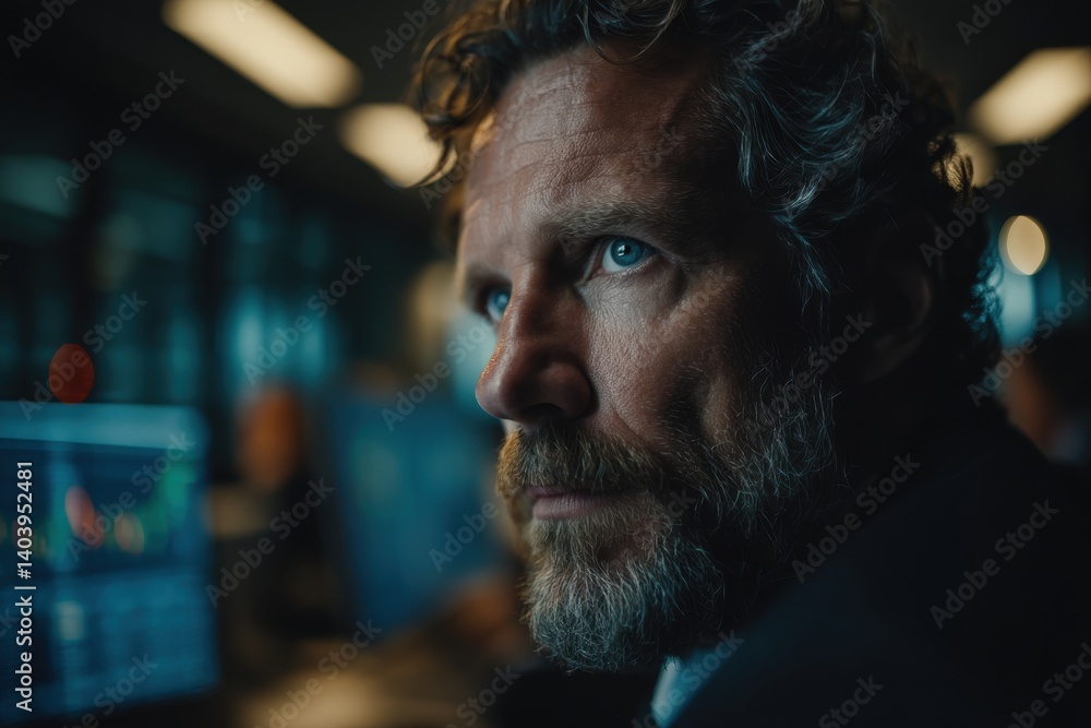 Aufkleber focused businessman with a beard, analyzing stock market data on his computer screen in a modern off