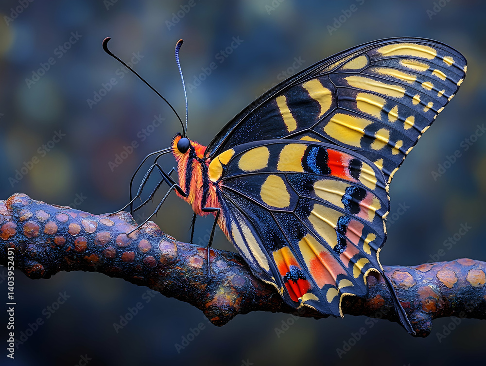 Poster vibrant butterfly with colorful wings resting on a textured branch set against a blurred dark backgr