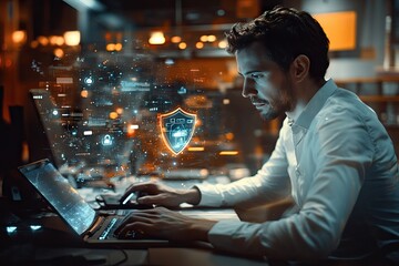 Focused IT professional working late at a workstation, surrounded by holographic security interface
