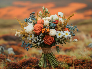Vibrant fall bouquet resting on moss-covered ground