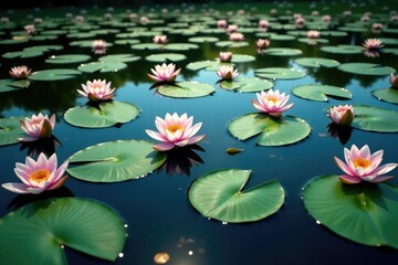 Water lilies forming a repeating pattern across a still lake, waterlily, repeat, landscape
