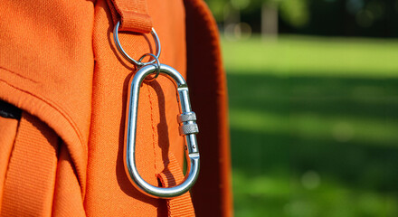 Keychain with Carabiner hanging on orange backpack in green park