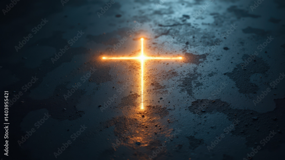 Poster a darkened setting with a reflective surface displaying a christian cross motif.