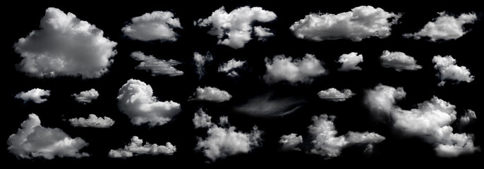 Clouds collection isolated on black background. White cloudiness, mist or smog background.