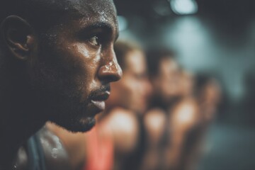 A close-up of a determined man's face glistening with sweat after a challenging workout session, conveying focus, intensity, and the pursuit of fitness goals.