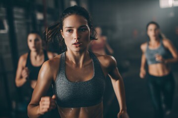 Determined female athlete running in a fitness center, sweat glistening on skin, focused intense workout, with other women training in background, achieving fitness goals.