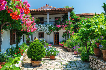 Fototapeta premium Charming Village House with Red Tiled Roof, White Wooden Exterior, and Blooming Stone-Paved Garden Courtyard Serene Countryside Tranquility
