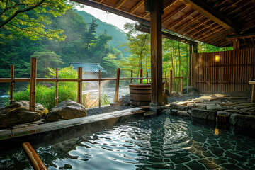 Serene Japanese Open Air Onsen with Wooden Structure, Waterfall, and Lush Greenery Traditional Relaxation and Nature Harmony