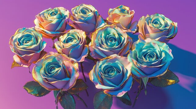 A group of pastel blue and gold roses forming a tight circle on a bold purple background, their unconventional colors glowing under soft light.