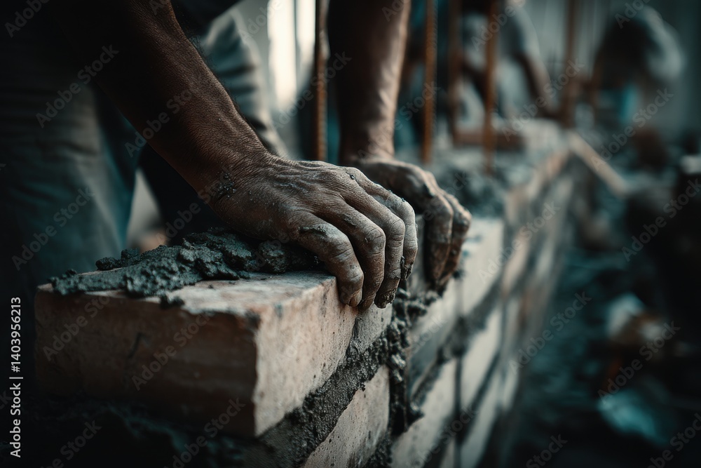 Aufkleber a close-up shot shows a bricklayer's hands skillfully laying bricks to construct a sturdy and durabl