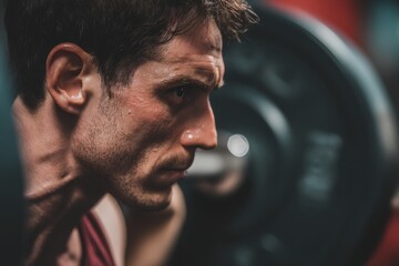 Close-up of a determined male athlete with sweat on his face, focused on lifting heavy weight, showcasing effort and strength in a gym setting.