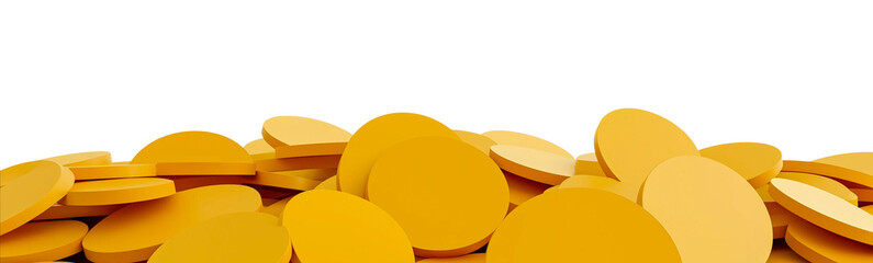 Pile of shiny gold coins stacked randomly on surface, digital money or gaming reward concept in bright yellow, isolated on transparent background