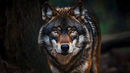 Fototapeta premium Focused Wolf Portrait In Dark Forest