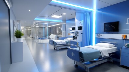 The interior of hospitals and clinics is empty and features bright lighting, as seen in operation theaters and laboratories with bright illumination