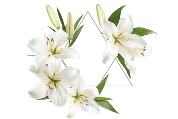 Fototapeta premium a geometric triangle frame with delicate white lilies and subtle gradients, isolated on white background